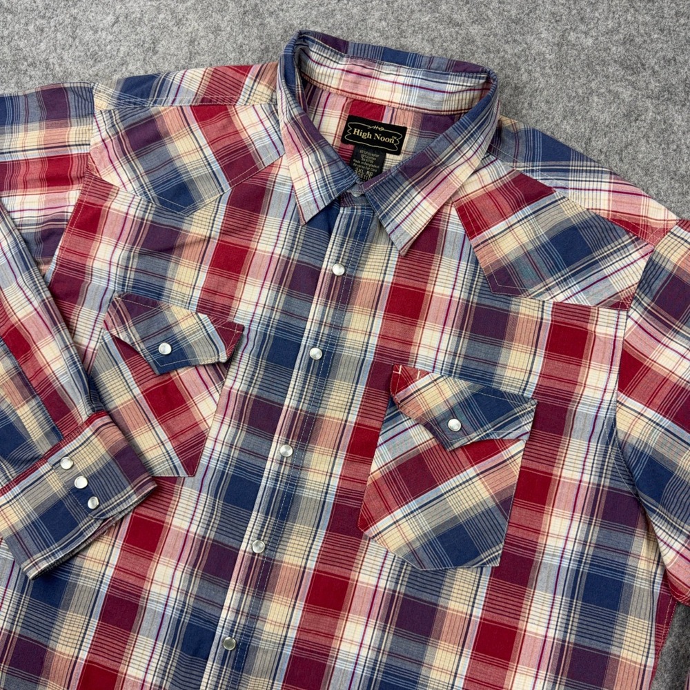 High Noon Shirt Mens 2XL Red Blue Plaid Western Pearl Snap Cowboy Workwear Ranch